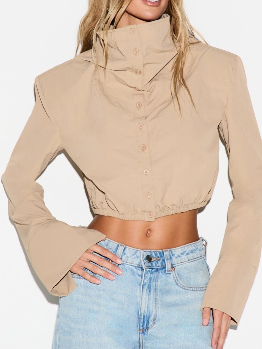 Khaki Casual Women's Boxy Fit Cropped High Neck Button Down Shirt
